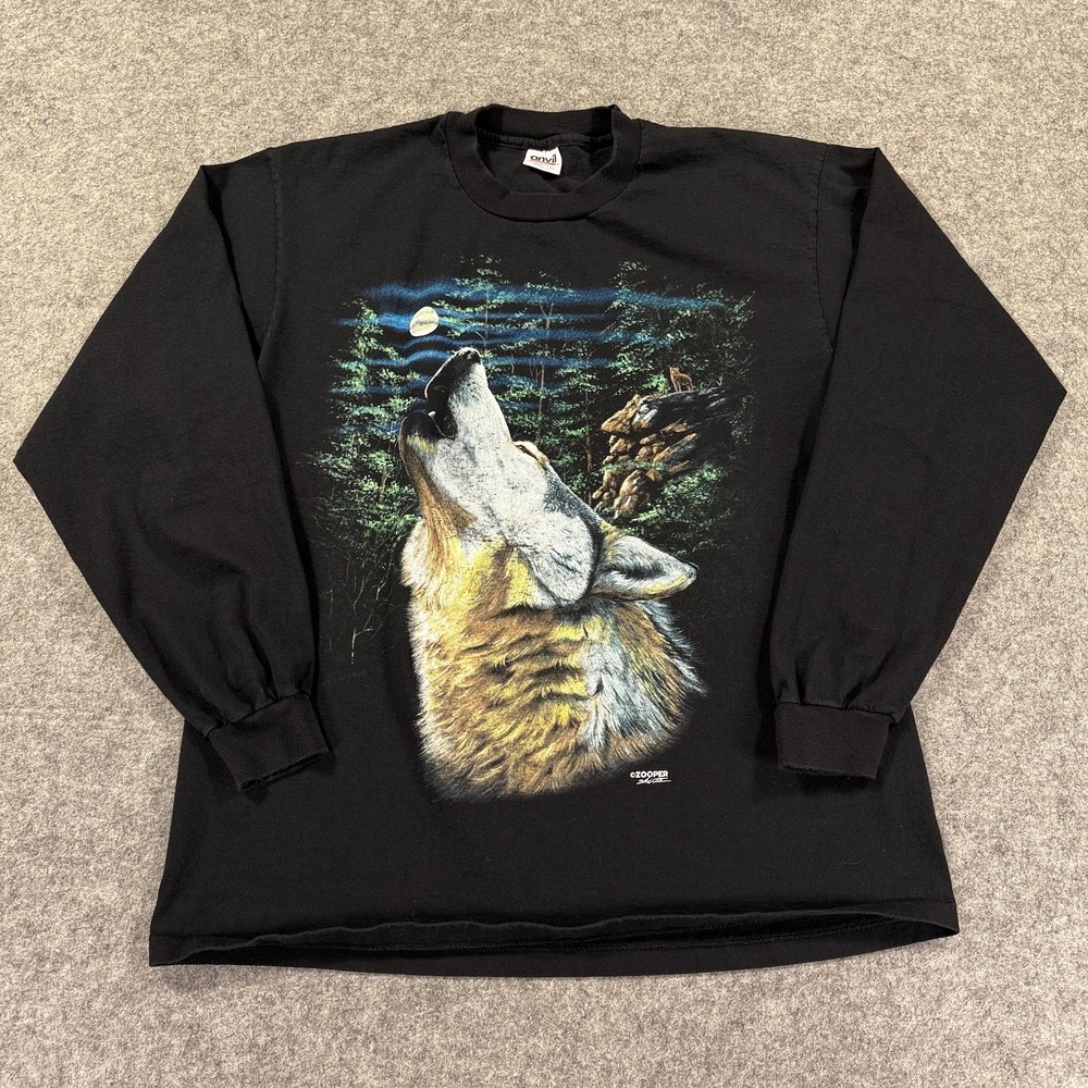 Vintage Zooper Wolf Shirt Mens XL Black Moon Long Sleeve Nature USA 90s Graphic‎
